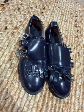 Zara blue Fringe Oxford Double-Buckle Leather Loafers